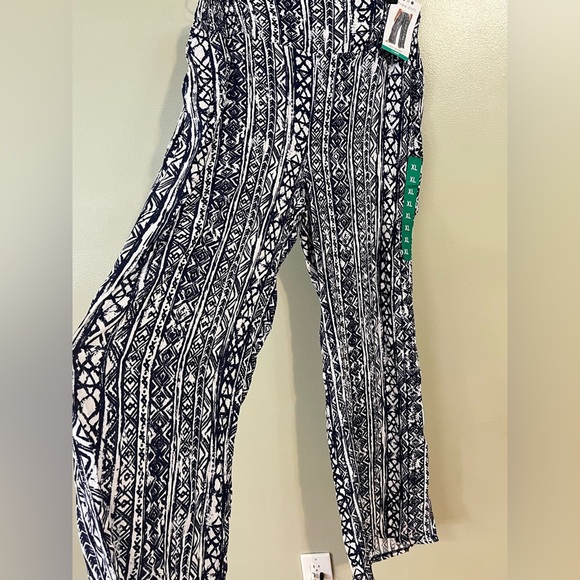 Three Dots Navy and White Patterned Women's Pants Wide Leg Pull On Boho XL NWT - Picture 1 of 10